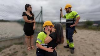 Construction worker fucks curious girl and cums inside.